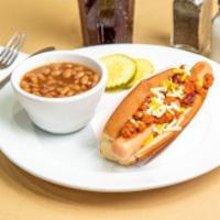 Chili and Cheese Dog · A hot dog with onions, melted two-cheese blend and chili con carne.