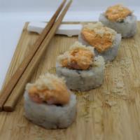 Popcorn Spicy-4pcs · california roll topped with cooked popcorn shrimp, spicy mayo and crunch