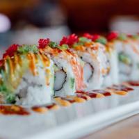 Crab Blossom (Baked) · Crabstick, avocado, topped with crab stick, avocado, Japanese mayo, eel sauce, red tobiko, w...