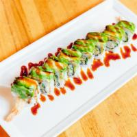 Green Dragon Roll · Shrimp tempura, cucumber, topped with avocado, eel sauce.
