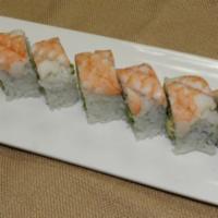 Tiger Maki  · Shrimp tempura, cucumber, avocado, topped with steam shrimp, eel sauce