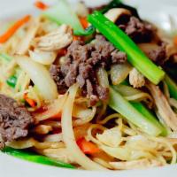Chicken and Beef Pan Fried Noodles · (Soba or udon noodles), onions, cabbage, carrots, green onions, green vegetables, chicken, a...