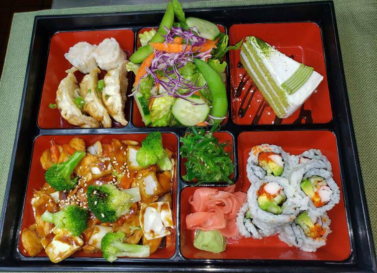 Chicken Teriyaki Bento Box · Served with 6 pcs California roll, 3pcs Gyo-za, 2pcs Shrimp Shumai, House Salad, Seaweed Salad, and Waffle Ice cream