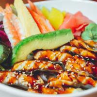 Unagi Donburi · Oven-baked​ eel in unagi sauce served on top of rice.
