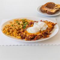 Rod's Special · Homemade Corn Beef Hash and cheddar cheese, 2 Poached Eggs on top with Country Potatoes or F...