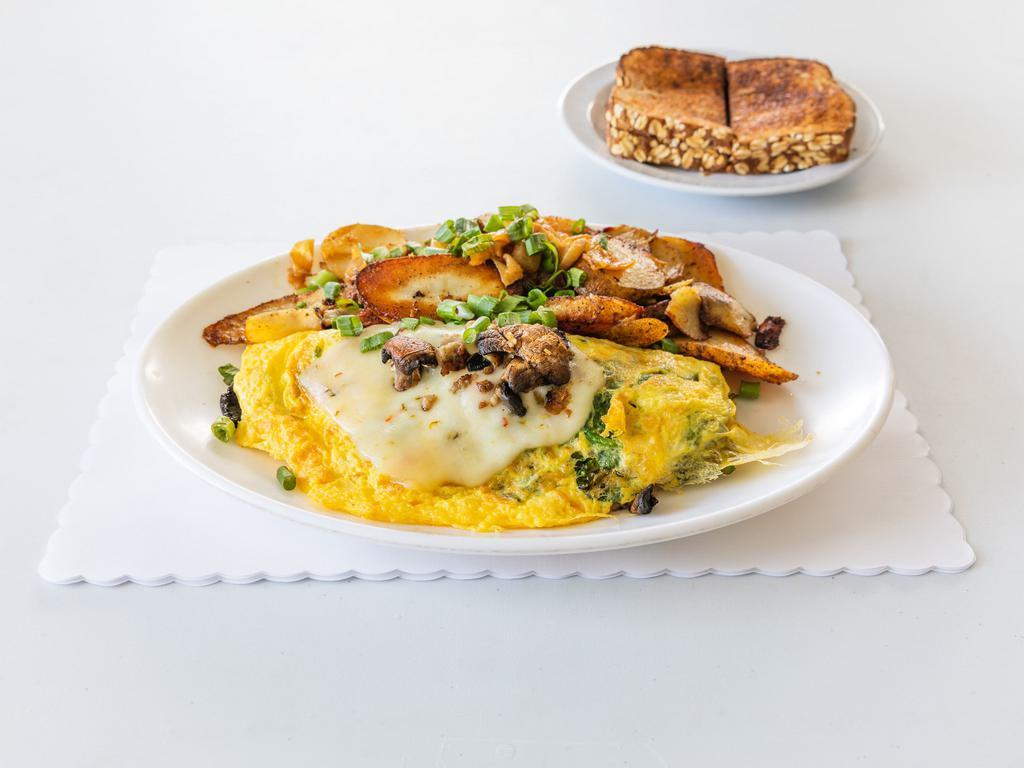 DJ's Omelet · Spinach with Sausage, Mushrooms and Pepper Jack Cheese with Country Potatoes or Fried Rice with Toast