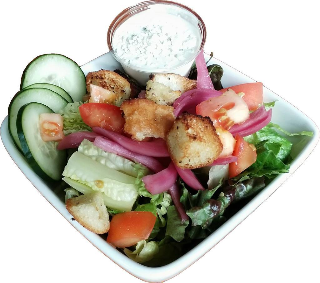 Hop Salad · House green, pickled onion, tomato, cucumber, house croutons. Served with your choice dressing ranch, bleu cheese house vinaigrette, or olive oil and balsamic vinaigrette.