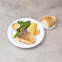 Pan Seared Atlantic Salmon · Grilled brocolini, roasted potatoes and mustard sauce.