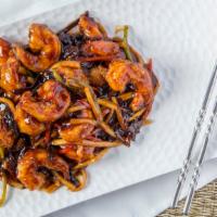 34. *Shrimp with Hot Garlic Sauce · Bell pepper, black fungus and bamboo shoot. Served with choice of rice. Hot and spicy.