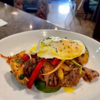 Tenderloin Hash · Shaved Beef Top Sirloin, Roasted Potatoes, Red Onion, Red Peppers, Cremini Mushroom, Roasted...