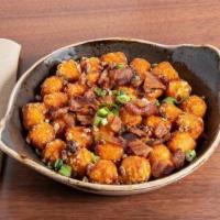 Sweet Potato Tots · Hot honey, bacon, pecans, green onions