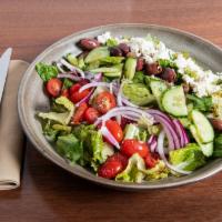 Greek Salad · Romaine lettuce, feta cheese, kalamata olives, grape tomatoes, cucumbers, shaved red onions,...