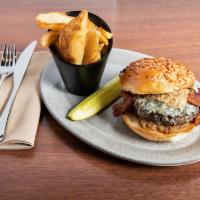 Bacon Black ＆ Blue Burger · Blackened house-ground prime chuck, thick cut bacon, gorgonzola cheese, caramelized onions, ...