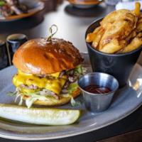 Joe’s All-American Burger · House-ground prime double smashed beef patties, american cheese, shredded iceberg lettuce, p...