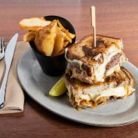 Patty Melt Burger · Double smashed house-ground prime chuck patties, swiss cheese, caramelized onions, russian d...