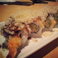 Cs4. Super Crunchy Roll · Shrimp tempura cream cheese, salmon, crunch mango and eel sauce on the top.