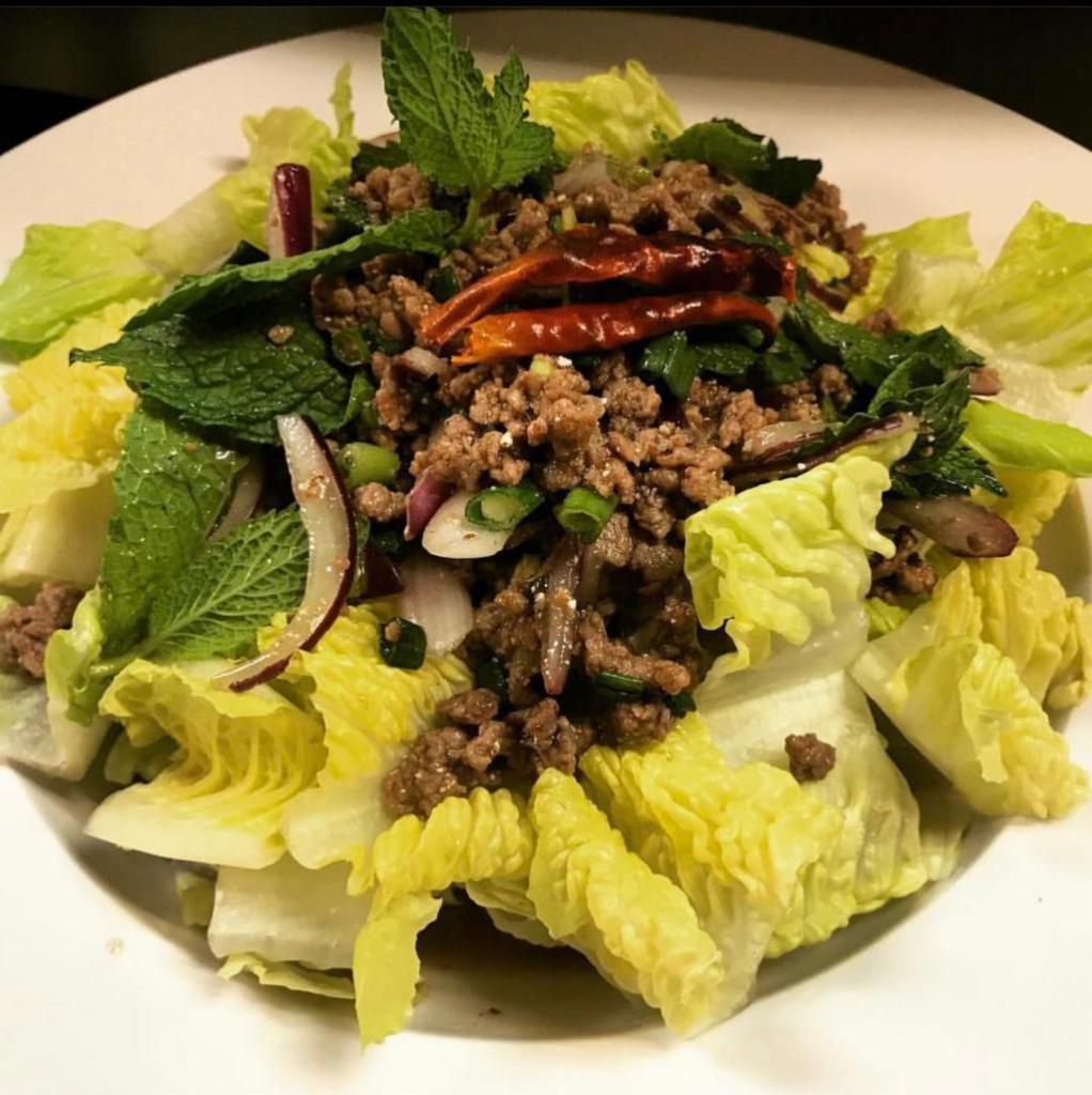 23. Larb Salad · Choices of ground-meat, onion, cilantro, mints and toasted rice powder with lime dressing.