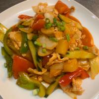 67. The Sweet and Sour · Sauteed with bell peppers, onion, pineapple, cucumber and tomatoes stir-fried in house speci...