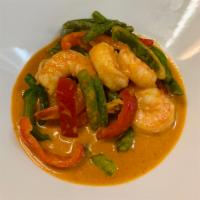 74. Pa Nang Curry · A thick aromatic curry with green bean, bell peppers and coconut milk.