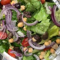 Insalata Mista Salad · Romaine, baby tomato, red onions, Kalamata olives, oregano, chickpeas and choice of oil and ...