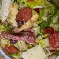 Antipasto Salad · Chopped lettuce, tomato, olives, peppers, artichoke, salami, pepperoni, provolone cheese, oi...
