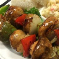 5. Mushroom and Pepper Kabob · Button mushrooms, sweet bell peppers and onions dressed in garlic aioli, 2 skewers per plate.