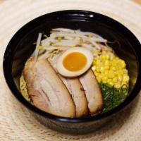 Miso Ramen Noodle Soup · Pork bone broth. Come with Green onion, corn, egg and bean sprouts. 