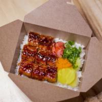 Unagi (Eel) Rice Box  · Grilled Ee l, garnish with pickled radish, pickled ginger, green onion, and massage (fish eg...