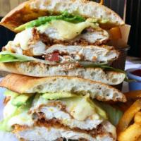 Chicken Sante Fe sandwich  · Grilled or fried chicken breast, avocado, pepper jack cheese, pico de gallo and chipotle may...