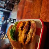 JASPERS SIGNATURE BURGER · double brandt beef patties, american cheese, sliced pickle,boston lettuce on a potato roll a...