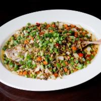 S6. Steamed Whole Fish with Minced Pork and Pickled Chilies臊子蒸全鱼 · Served with rice. Mild spicy.