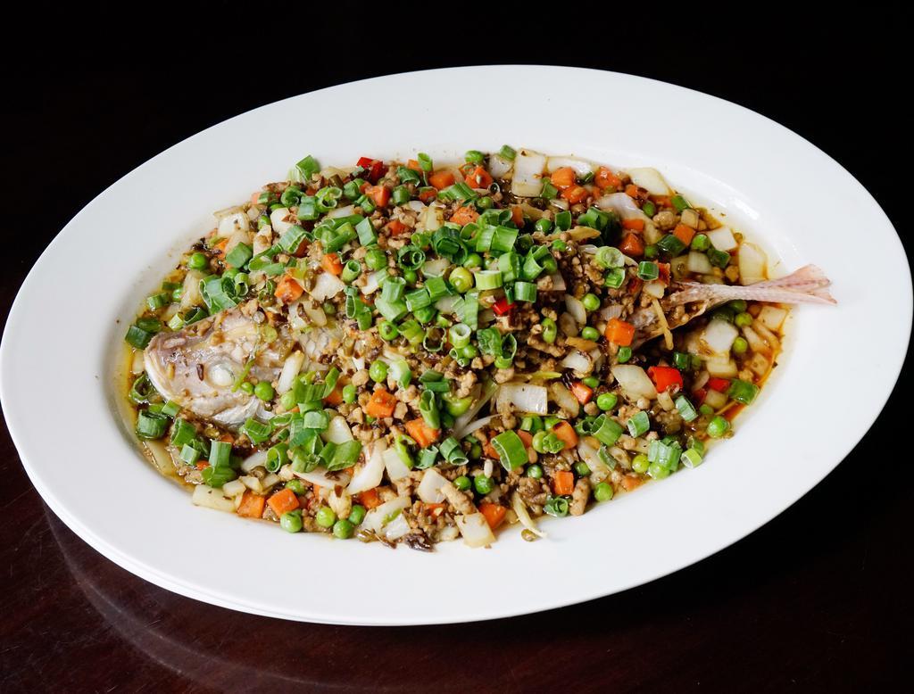 S6. Steamed Whole Fish with Minced Pork and Pickled Chilies臊子蒸全鱼 · Served with rice. Mild spicy.
