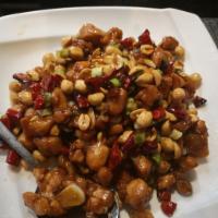 55. Diced Chicken with Roast Chili and Peanuts · Served with rice. Spicy.