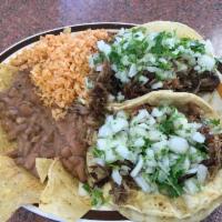 Carnitas · Served with rice, beans, salad and tortillas.