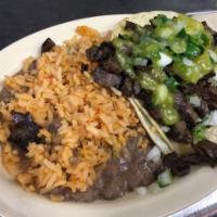 2 Carne Asada Tacos · Served with rice, beans, salad and tortillas.