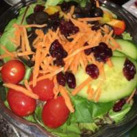 Garden Salad · Fresh salad greens, sweet peppers, cucumbers, red cabbage, pear tomatoes, black olives and c...