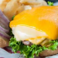 Meltdown Burger · Lettuce, pickles, A.1., American cheese, cheddar cheese, Muenster cheese