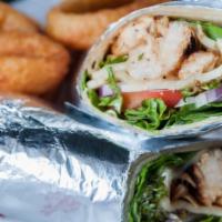 Cali Wrap · Grilled chicken breast, avocado, havarti cheese, lettuce, mayo and tomatoes .