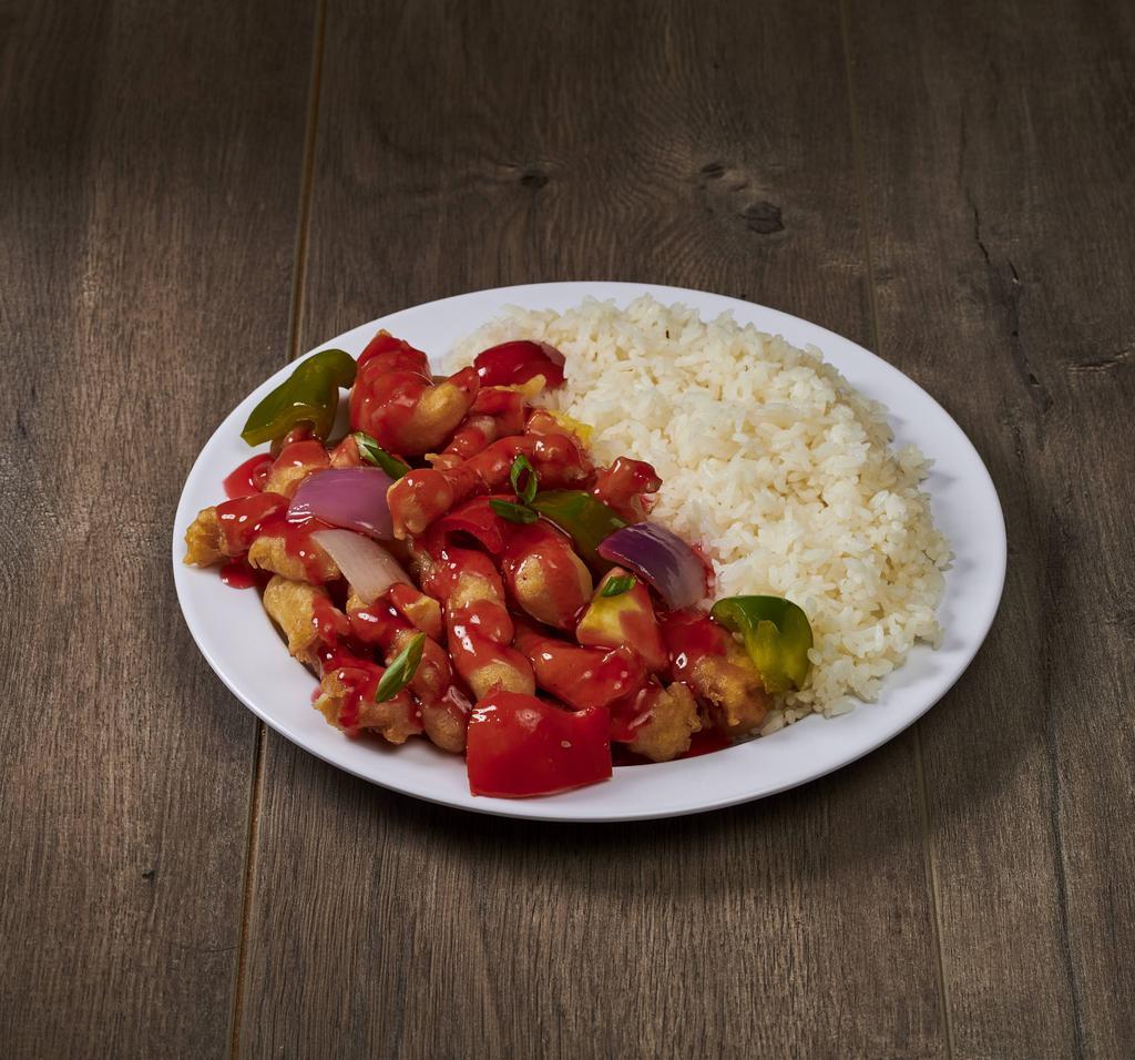 Dinner Sweet and Sour Chicken · Sweet red dipping sauce on the side. Served with side of rice.