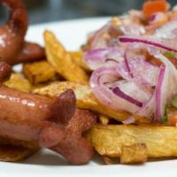 Salchippas  · With french fries and sausage. 