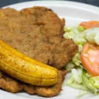 Fried Breaded Chicken · Breaded chicken cutlet served with rice, beans, yellow plantains and salad.