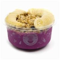 Pink Power · Pitaya blend with vanilla protein topped with granola, banana, and honey.