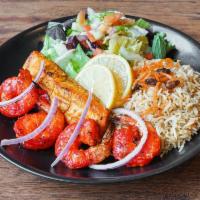Salmon and Tandoori Shrimp Combo · fresh marinated Grilled Salmon fillet and 4 pieces of jumbo shrimp marinated in afghan spice...