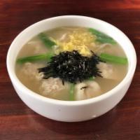 Mandoo Guk · Homemade beef and pork dumplings in a beef broth with glass noodles.