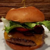ABV Elk Burger · Big 1/2 Pound Elk Patty, Bacon, Green Leaf Lettuce, Tomato, Onion, Chipotle Mayo Sauce, Pick...