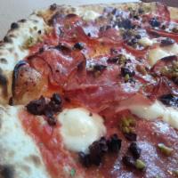 Salumi Pizza · Thinly sliced Italian cured meats with mozzarella, tomato sauce and spiced olives. We recomm...