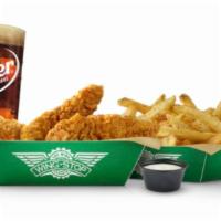 Small 3pc Crispy Tender Combo · 3 crispy tenders with 1 flavor, regular fries or veggie sticks, 1 dip, and a 20oz drink