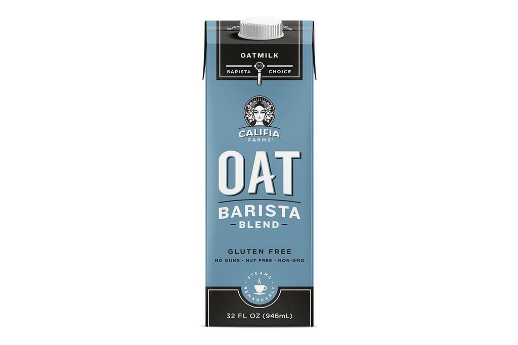 Califia Oat Milk 1QT · 1QT Califia Barista Edition Oat Milk. Vegan, Gluten-Free, Kosher, & Dairy-Free and made with whole rolled, gluten free oats grown in North America. This oat milk steams beautifully, perfectly pairs with coffee, and tastes dang-good by itself with no gums or stabilizers. 