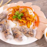 Banh Cuon Nhan Thit · Rice crepe rolls filled with seasoned ground pork and mushrooms. Vietnamese ham, shrimp and ...