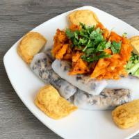 Banh Cuon Nhan Chay · Rice Crepe Rolls filled with seasoned protein substitute, carrots, mushroom includes green b...